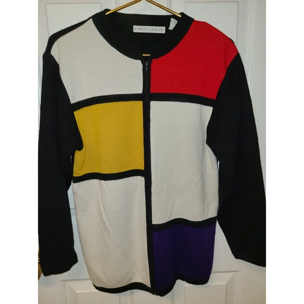 80s First Issue Womens Sz S Multicolor Block Stripe Zip Up Cardigan Sweater‎